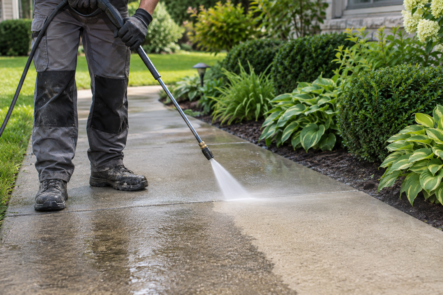 A concrete walkway being pressure washed
